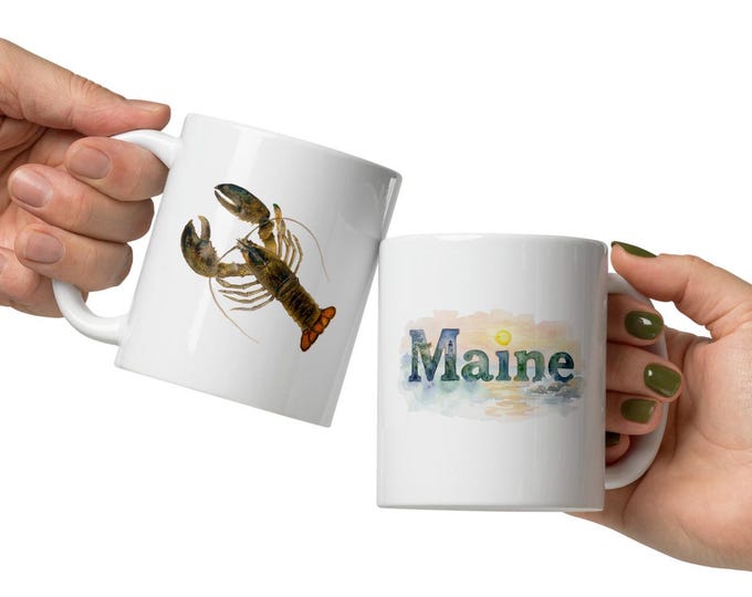 Maine Lobster Painting Ceramic Mug • Maine Coffee Cup • Lobster Watercolor Mug • Mainer Gift