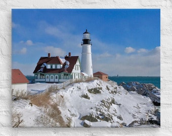 Maine Lighthouse Photography Print - Snowy Portland Head Light