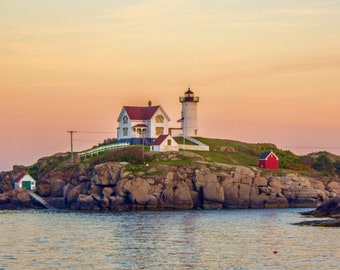 Nubble Light at Sunset • York Beach Maine Photo Print • Maine Lighthouse Wall Art and Decor