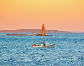 Maine Sunset Lobster Boat Print – Portland Lighthouse Wall Art