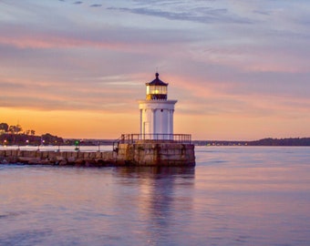 Maine Lighthouse Sunset Photo – Portland Breakwater Light Print