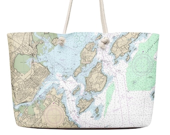 Portland Harbor Weekender Tote Bag • Portland Maine Rope Handled Boat Tote • Maine Gift Bag