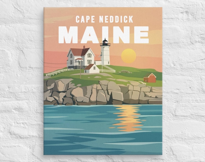 Cape Neddick Maine Poster • Maine Lighthouse Art Print • York Beach Travel Poster • Nubble Light Canvas Print