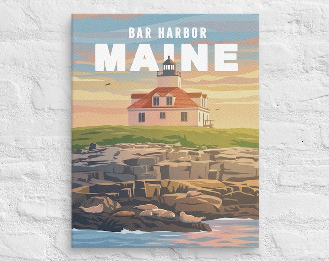 Bar Harbor Maine Poster • Maine Lighthouse Art Print • Acadia National Park Travel Poster • Bar Harbor Lighthouse Canvas Print
