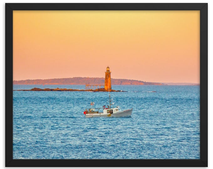 Lobster Boat and Lighthouse at Sunset • Portland Maine Photo Print • Maine Lighthouse Wall Art & Canvas Print • Coastal Home Decor