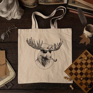 Joe Moose Tote - Organic Cotton Tote Bag - Cool Moose Eco-Friendly Shopping Bag - Maine Gift - Funny Camping Carryall