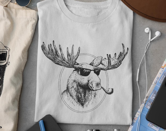 Cool Moose Shirt • Funny Maine Graphic T-Shirt • Maine Moose Tee • Outdoorsy Gift • "Joe Moose" design by Vacationlander