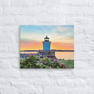 Pu&ograve; includere: Un faro bianco con tetto nero si erge su uno sperone roccioso che domina un'area d'acqua calma. Il cielo &egrave; un mix vibrante di rosa, arancione e blu, creando una bellissima scena di tramonto. I fiori rosa sbocciano in primo piano.