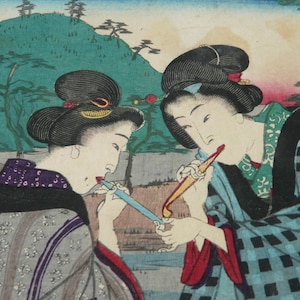 Very Rare Antique Japanese Woodblock Print By UTAGAWA YOSHITORA Fifty three Stations 1872