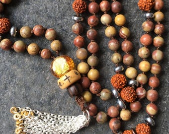 Abundance Mala: 108-bead Hand-knotted Japa Mala in Chinese Rainbow Jasper