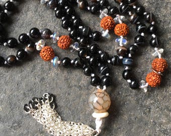 Trust Mala: 108-bead Hand-knotted Japa Mala in Banded Black Agate