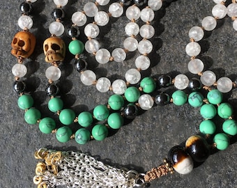 Balance Mala: 108-bead Hand-knotted Japa Mala in Green-dyed Howlite & Crackle Crystal Quartz