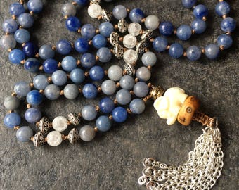 Wisdom Mala: 108-bead Hand-knotted Japa Mala in Blue Aventurine