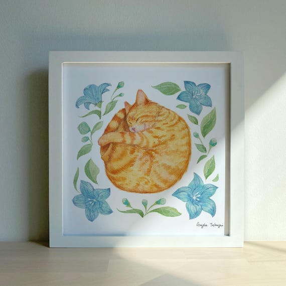 Ginger Cat Watercolor Art Print: Sleeping Cat with Blue Flowers (8x8)