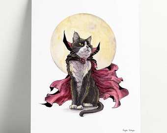 Vampire Cat and Full Moon - Gothic Tuxedo Cat Drawing - Halloween Wall Decor