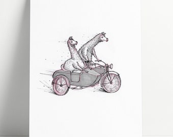 Llama Motorcycle Illustration Art Print: Nursery Wall Decor