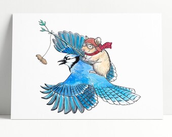Flying Hamster Watercolor Print: Blue Jay Illustration (10x8)