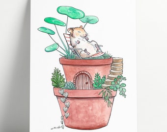 Hamster Garden Print: Watercolor Animal Art, Nursery Decor