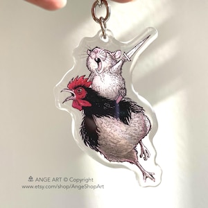 Warrior Hamster & Rooster Acrylic Keychain: Whimsical Animal Charm
