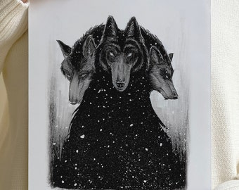 Gothic Black Wolf Print: Original Artwork, Ready to Frame (10 x 8 Inches)