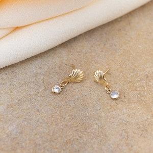 Tiny Seashell Simulated Diamond Dangle Charm Earrings | 14k Gold Filled | Trending Earrings | Bridesmaid Gift | Gifts for Her | Wedding