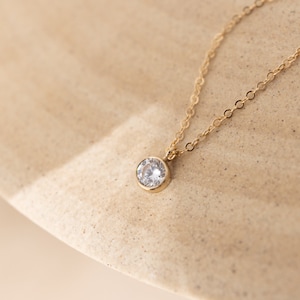 Tiny CZ Charm Necklace | Dainty Cubic Zirconia | Layering Necklace | Small Diamond | 14K Gold Filled | 16&quot; | Bridesmaid Gift | Wedding Gift