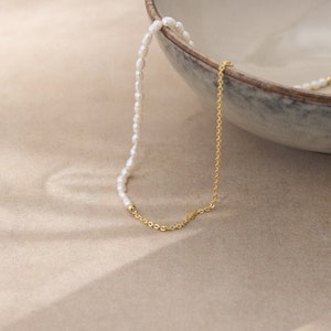 Half Freshwater Pearl 14K Gold Filled Chain Necklace, Cable Chain Necklace, Trendy Statement Jewelry, Bridesmaid Gift