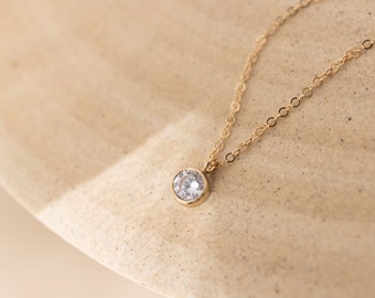 Tiny CZ Charm Necklace | Dainty Cubic Zirconia | Layering Necklace | Small Diamond | 14K Gold Filled | 16" | Bridesmaid Gift | Wedding Gift