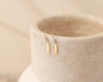 Gold Charm Drop Earrings | Skinny Marquise | 14k Gold Filled | Dainty | Minimal | Tiny Charm | Everyday Earrings | Bridesmaid | Wedding |