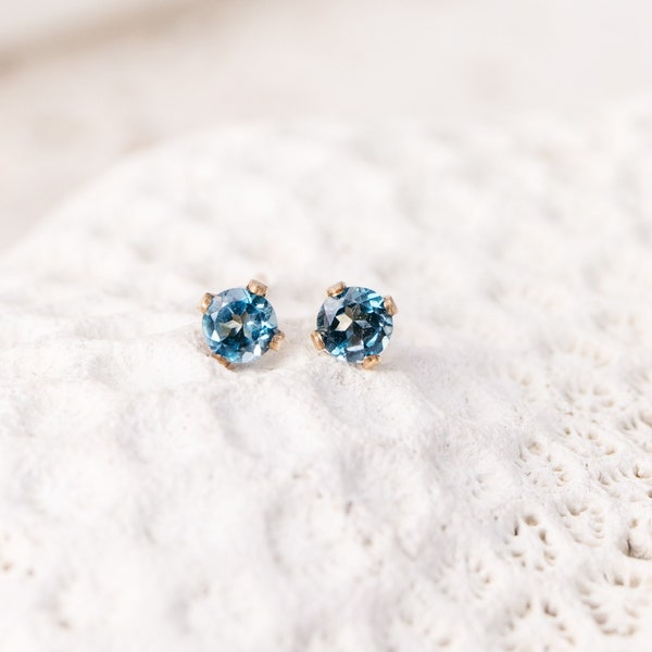 Blue Topaz Stud Earrings | Natural Blue Topaz | 14k Gold Filled | 3MM | Dainty | Tiny Studs | Gifts for Her | December Birthstone