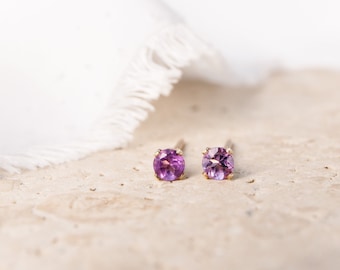 Simulated Amethyst Stud Earrings | 14k Gold Filled | February Birthstone | 3MM | Dainty | Minimal | Tiny Studs | Wedding | Valentines Day