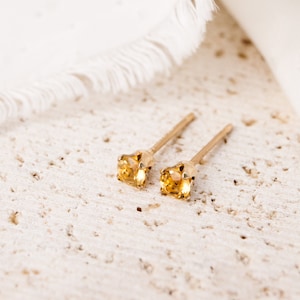 Citrine Stud Earrings | Tiny Yellow Studs | November Birthstone | 14k Gold Filled | 3MM | Dainty | Gifts for Her