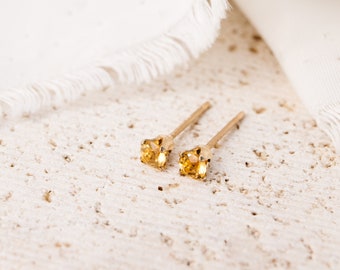 Citrine Stud Earrings | Tiny Yellow Studs | November Birthstone | 14k Gold Filled | 3MM | Dainty | Gifts for Her