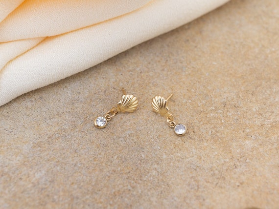 Seashell Simulated Diamond Dangle Earrings: 14k Gold Filled Studs