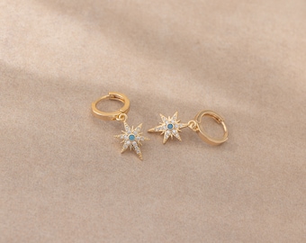 Star Earrings, Gold Filled, Huggie Hoops Earrings with Star Dangle Charm, Diamond Earrings , Bridal Earrings, Jewelry, Gifts for Her, Hoops