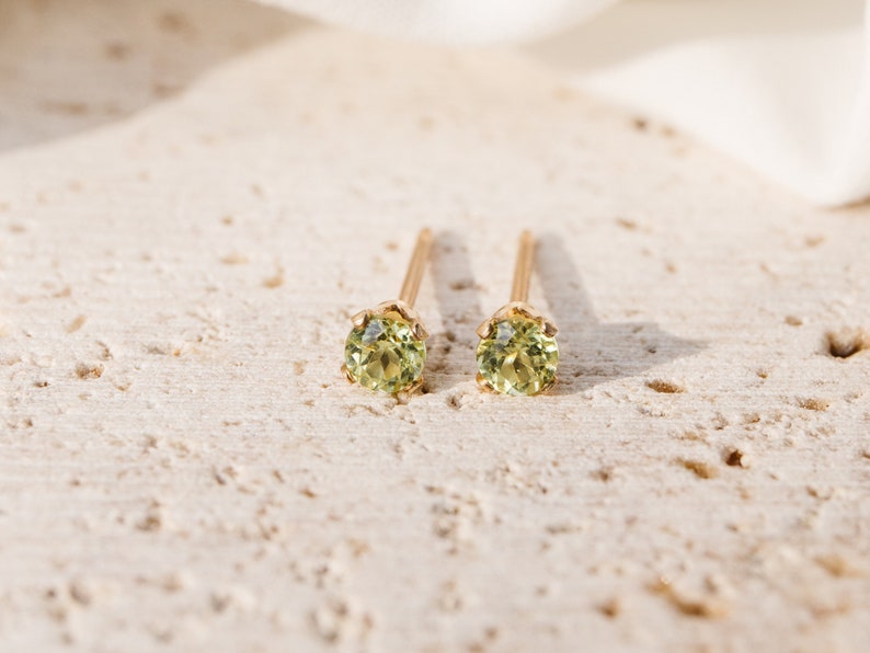 Peridot Stud Earrings August Birthstone Simulated Peridot 14k Gold Filled 3MM Dainty Minimal Tiny Studs Gifts for Her image 1