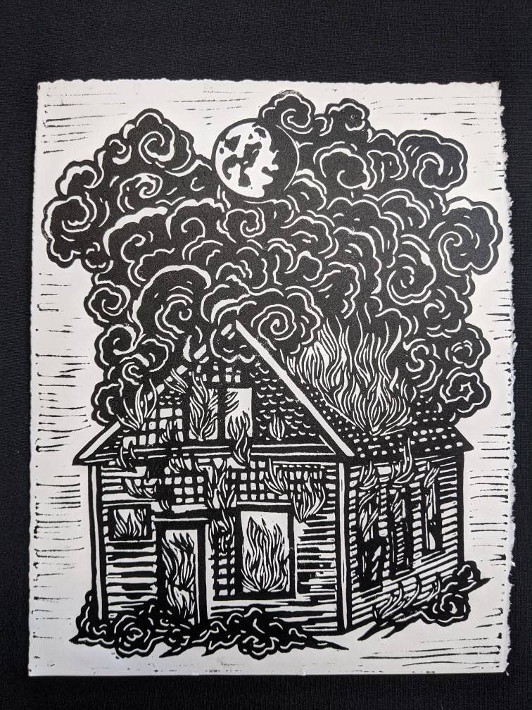 House on Fire Linocut Print - Etsy