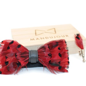 Cardinal Red Feather Bow Tie and Lapel Pin set - Mandujour Handmade