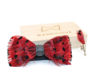 Cardinal Red Feather Bow Tie and Lapel Pin set - Mandujour Handmade