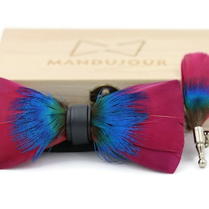 Magenta Feather Bow Tie Lapel Pin set - Mandujour Handmade Gift for him