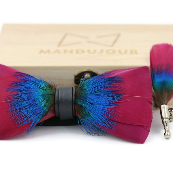Magenta Feather Bow Tie Lapel Pin set - Mandujour Handmade Gift for him