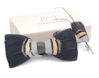 Handmade Feather bowtie - Black and Brown Turkey Feather Bow Tie & Lapel  Set - Mandujour Handmade gift for himbow tie men