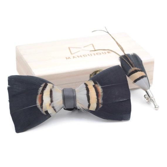 Turkey Feather Bow Tie & Lapel Pin Set | Handmade Wedding Groom Gift