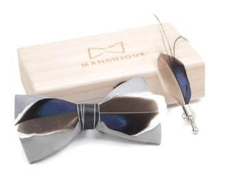 Mallard Duck Feather Bow Tie  with Feather Lapel Pin Set