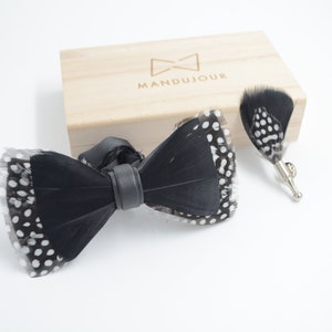 Black polka-dot Guinea Feathers Bow Ties lapel Pin Set - Handmade Christmas gift