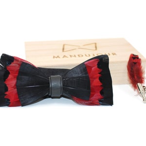 Handmade Feather bowtie - Black and Red Feathers Bow Ties lapel Pin Set - Mandujour Handmade gift for men