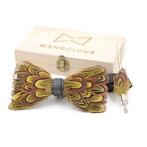 Guinea brown yellow feather bow tie & lapel pin set - Mandujour Handmade