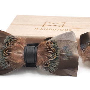 Wishful Brown and Gray Feather Bow Tie & Lapel Pin Set - Mandujour Handmade gift for men