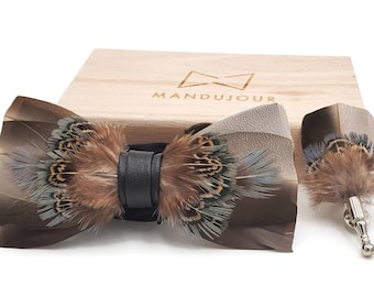 Wishful Brown and Gray Feather Bow Tie & Lapel Pin Set - Mandujour Handmade gift for men