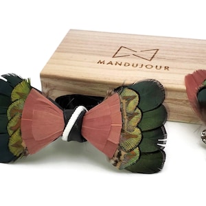 Exotic Fruitloop Feather Bow Tie with Feather Lapel Pin Set